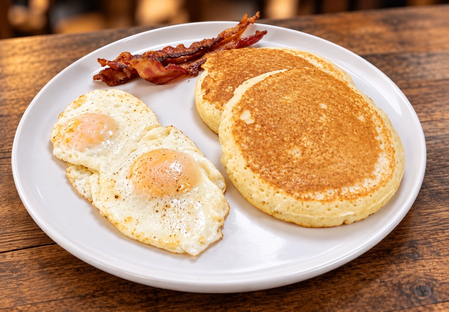 Breakfast plate with eggs, pancakes, and crispy bacon at El Torito Mexican Grill