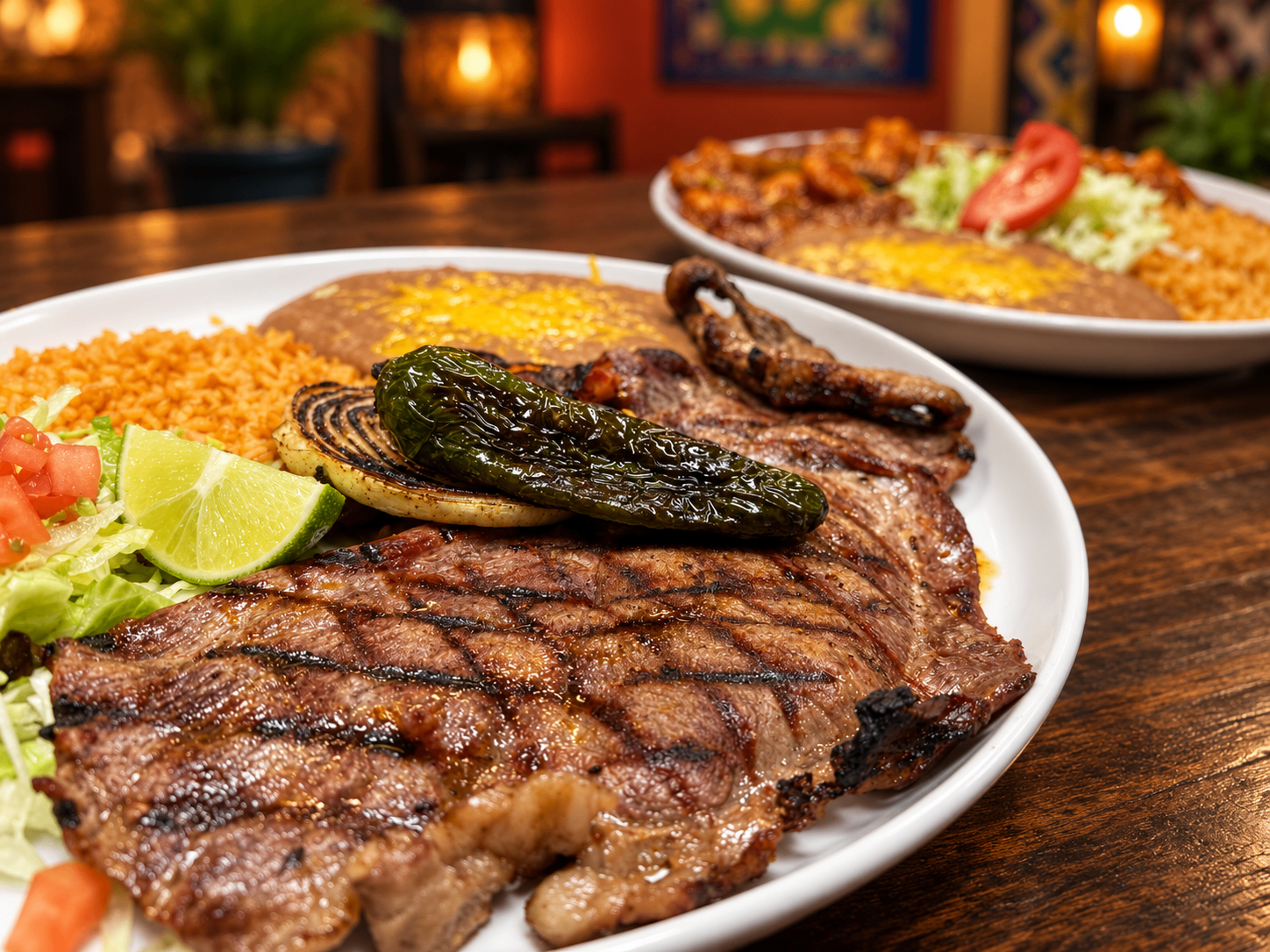 Grilled carne asada plate with rice, beans, and a fire-roasted jalapeño at El Torito Mexican Grill
